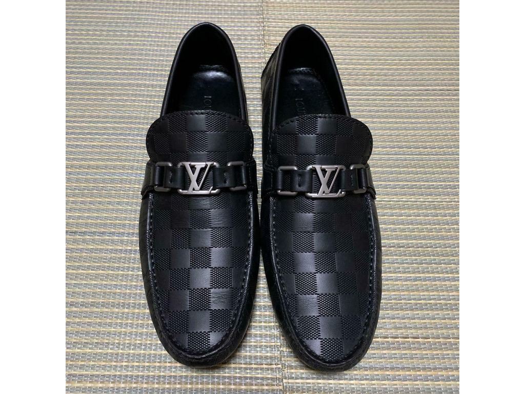 LOUIS VUITTON Leather Damier Loafers Men's Black Shoes Size