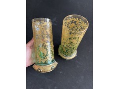 Green Glass Vases with very Ornate Hand Painted Gold Floral Patterns
