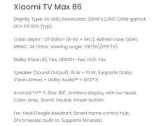 Xiaomi TV Max 86 Display Type: 4K UHD, Resolution